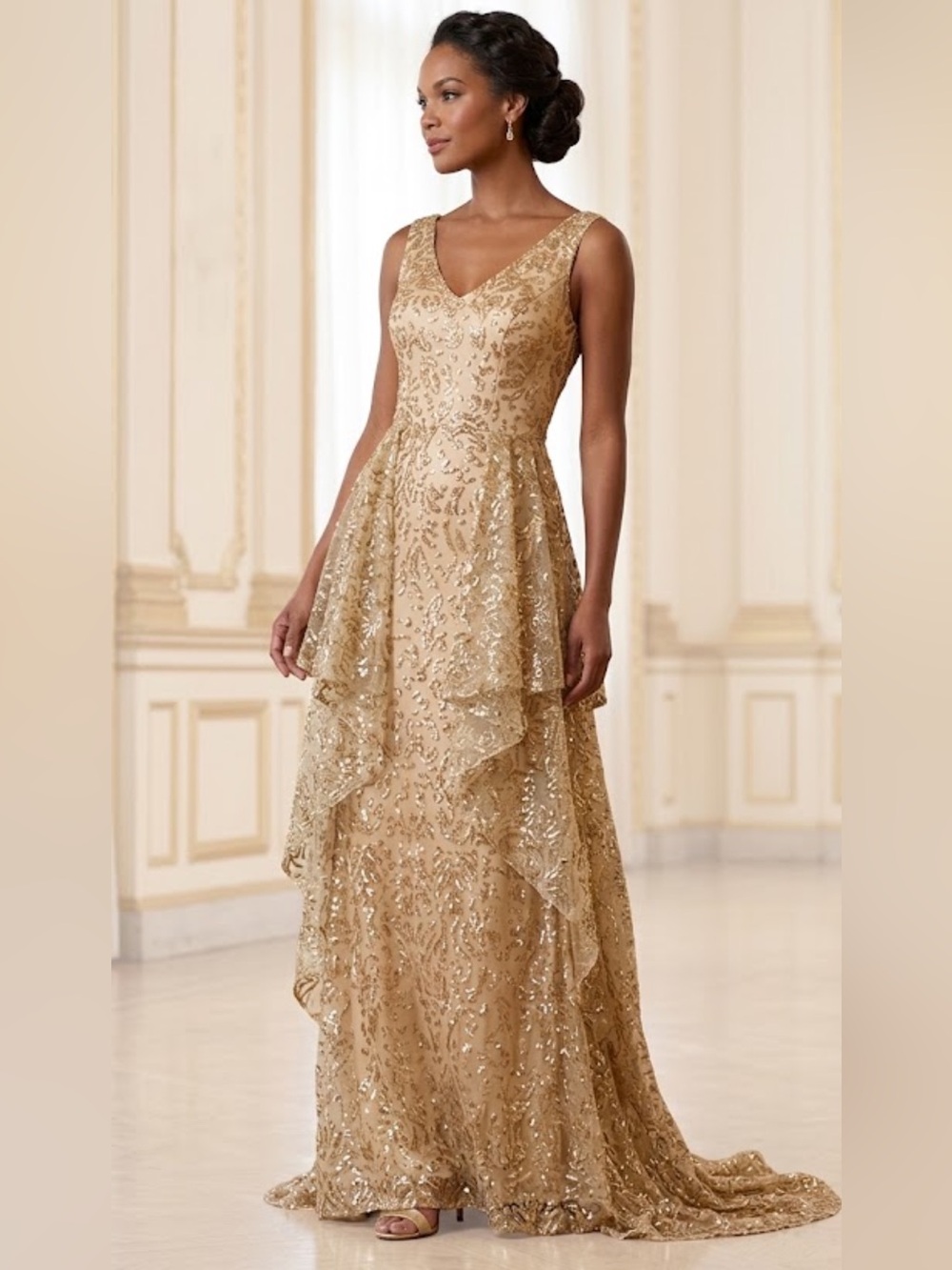 David Meister limited V-Neck sleeveless gold long gown